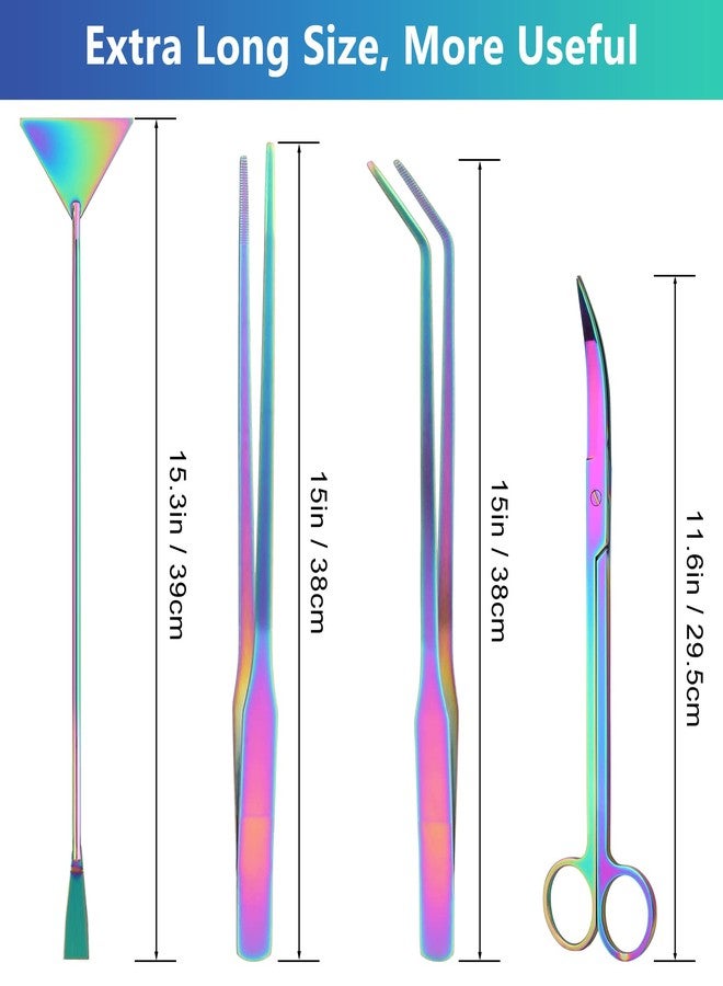 Liveek Aquarium Aquascape Tools Kit 15 in, 4in1 Anti-Rust Aquatic Plant Aquascaping Tool Stainless Steel Silver Tweezer Scissors Spatula for Aquarium Tank Clean (15in, Colorful) - Image 2